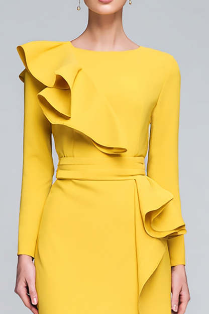 Yellow Ruffled Pencil Jewel Neck Long Sleeves Work Dress with Slit