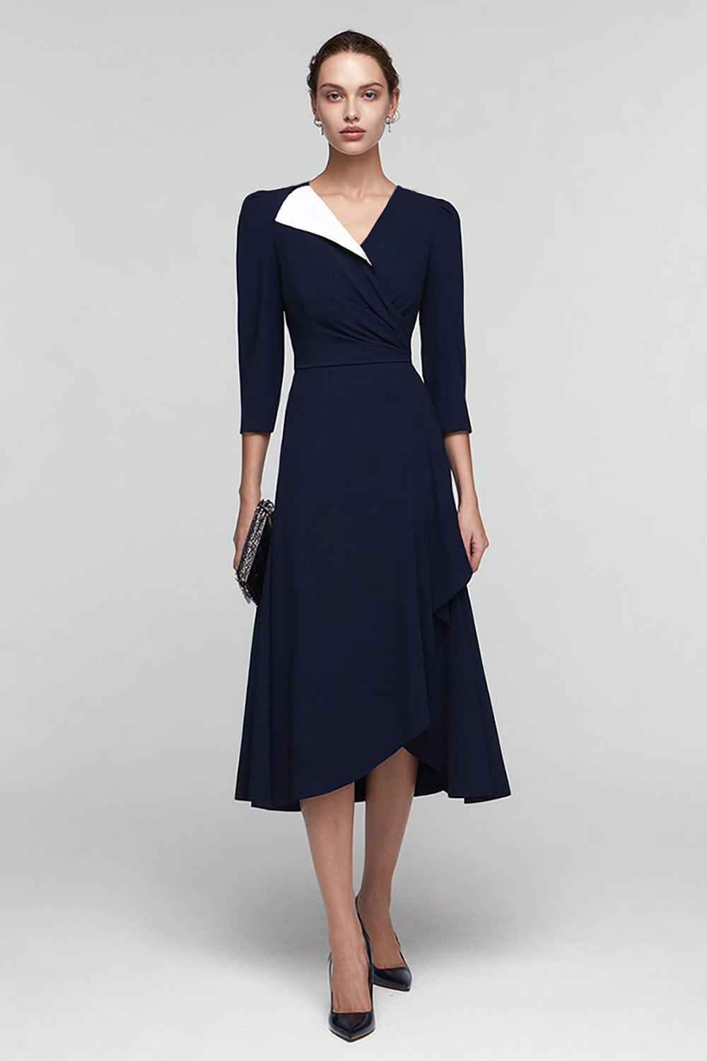 Black and White Ruched 3/4 Sleeves Midi Work Dress with Ruffles