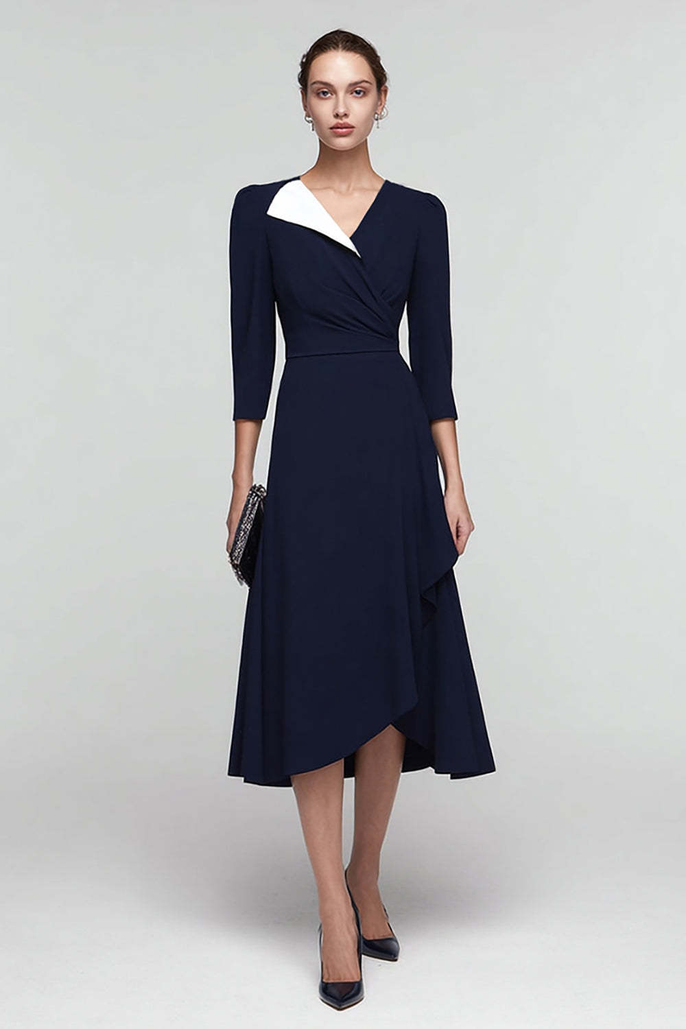 Leely Women Black and White Midi Work Dress with Ruffles Ruched A Line V-Neck 3/4 Sleeves Business Dress