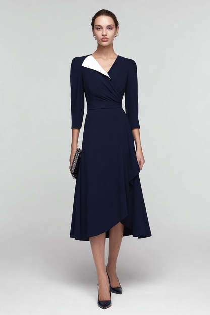 Leely Women Black and White Midi Work Dress with Ruffles Ruched A Line V-Neck 3/4 Sleeves Business Dress