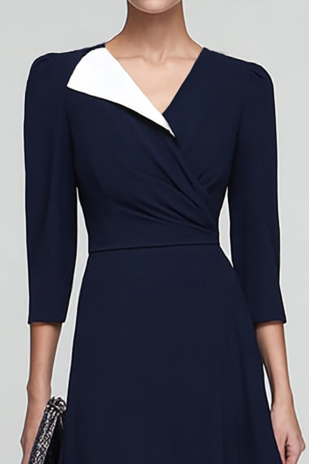 Black and White Ruched 3/4 Sleeves Midi Work Dress with Ruffles