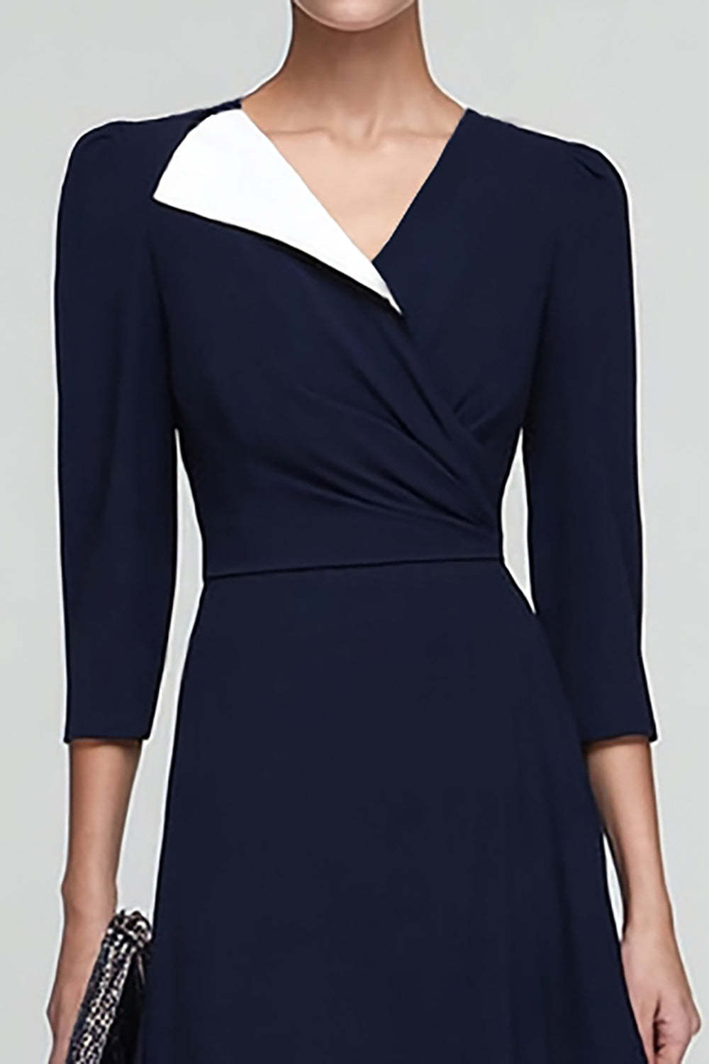 Black and White Ruched 3/4 Sleeves Midi Work Dress with Ruffles