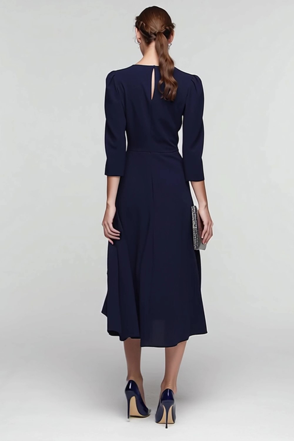 Black and White Ruched 3/4 Sleeves Midi Work Dress with Ruffles