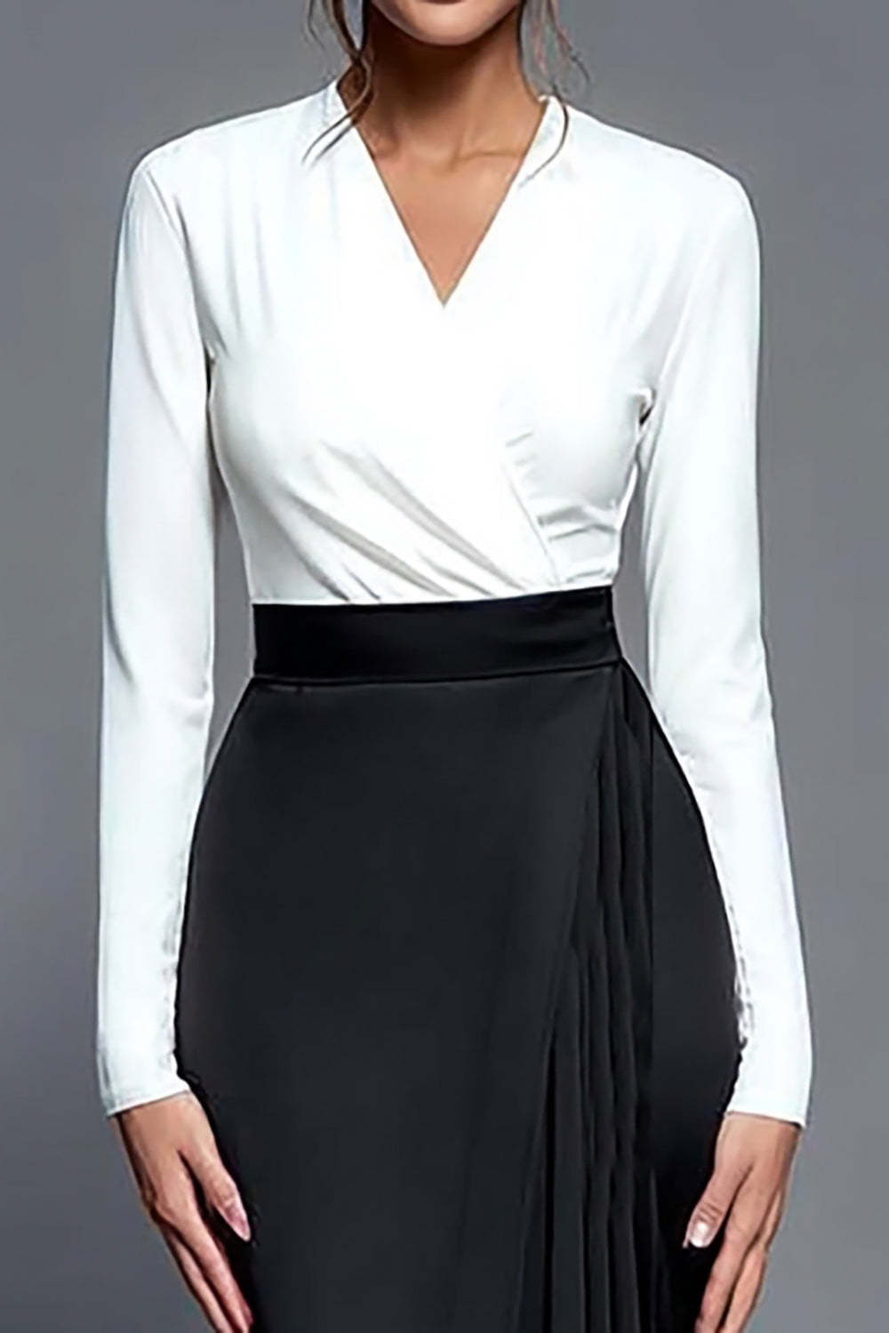 Black and White Pleated V-Neck Pencil Midi Work Dress with Slit