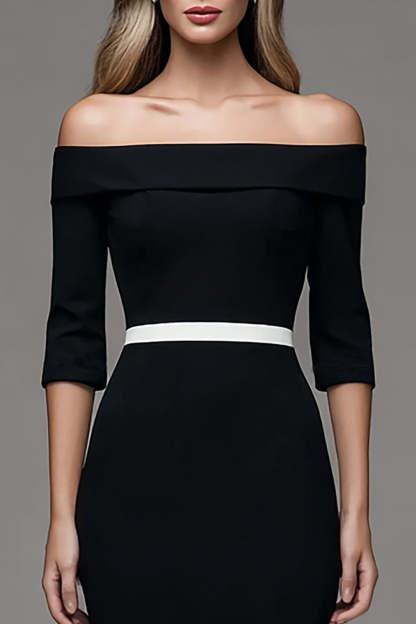 Black Midi Off the Shoulder Half Sleeves Pencil Work Dress