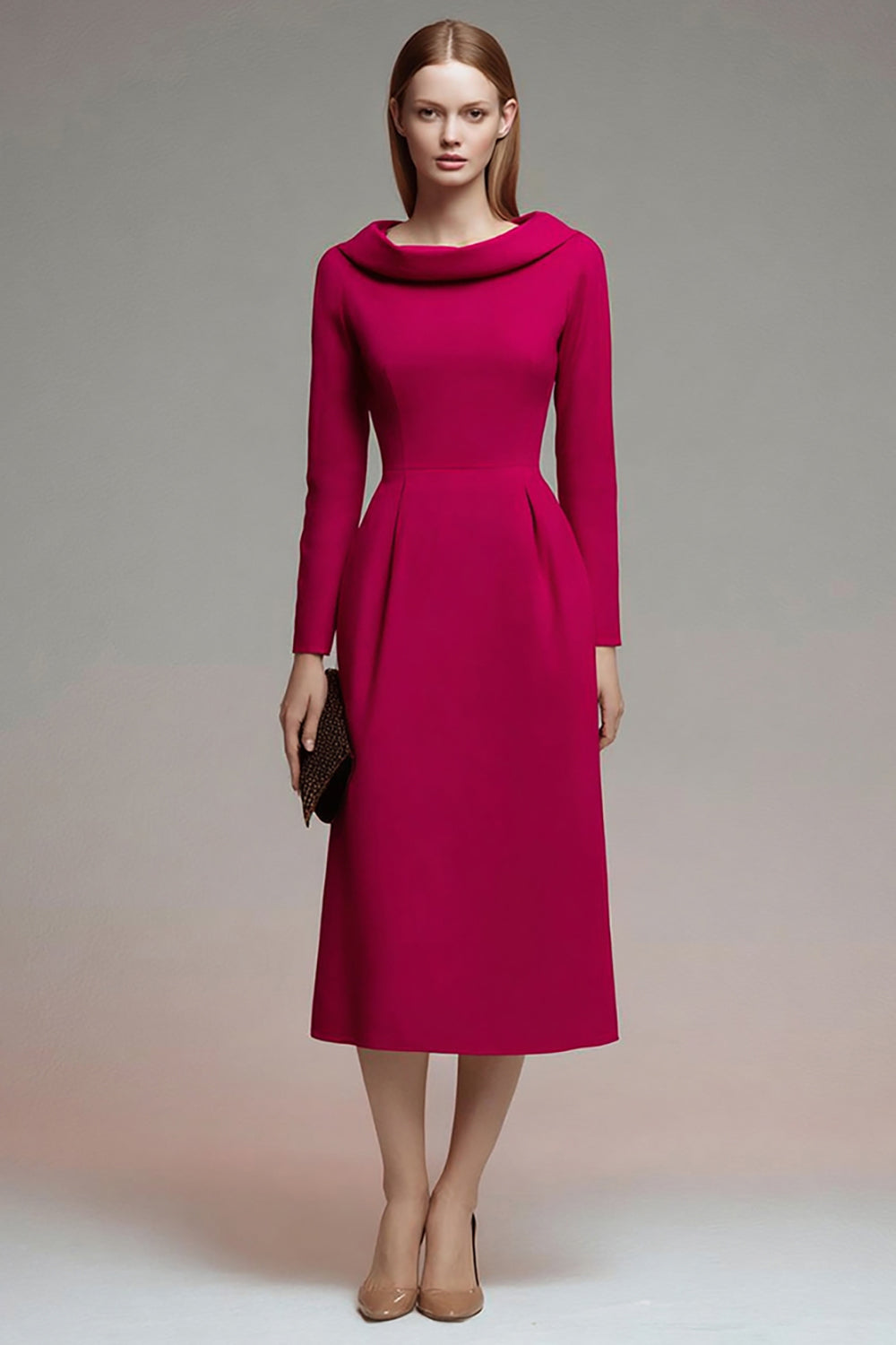 Leely Women Fuchsia Midi Roll Collar Neck Work Dress A Line Long Sleeves Business Dress