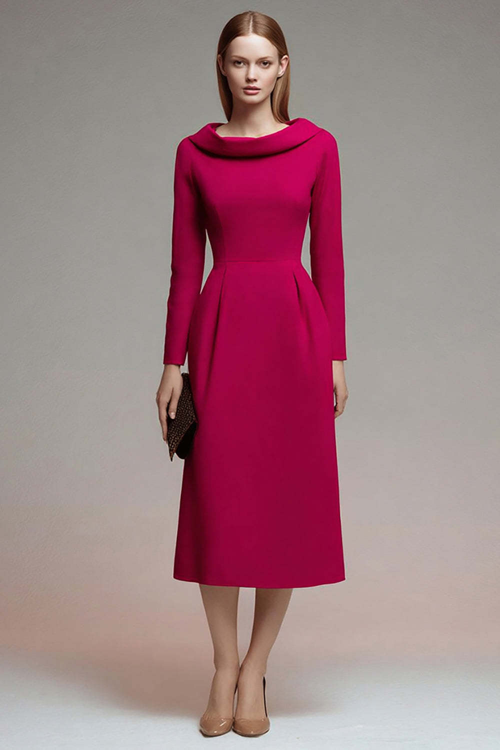 Leely Women Fuchsia Midi Roll Collar Neck Work Dress A Line Long Sleeves Business Dress