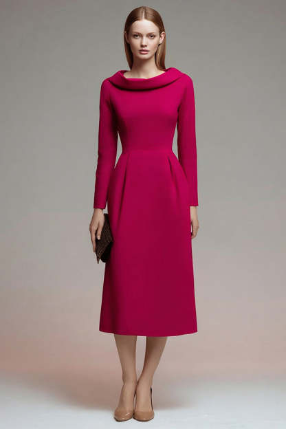 Leely Women Fuchsia Midi Roll Collar Neck Work Dress A Line Long Sleeves Business Dress