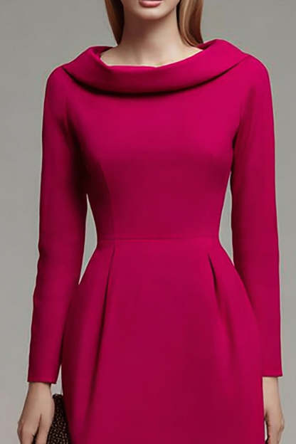 Fuchsia Roll Collar Neck Long Sleeves Midi Work Dress