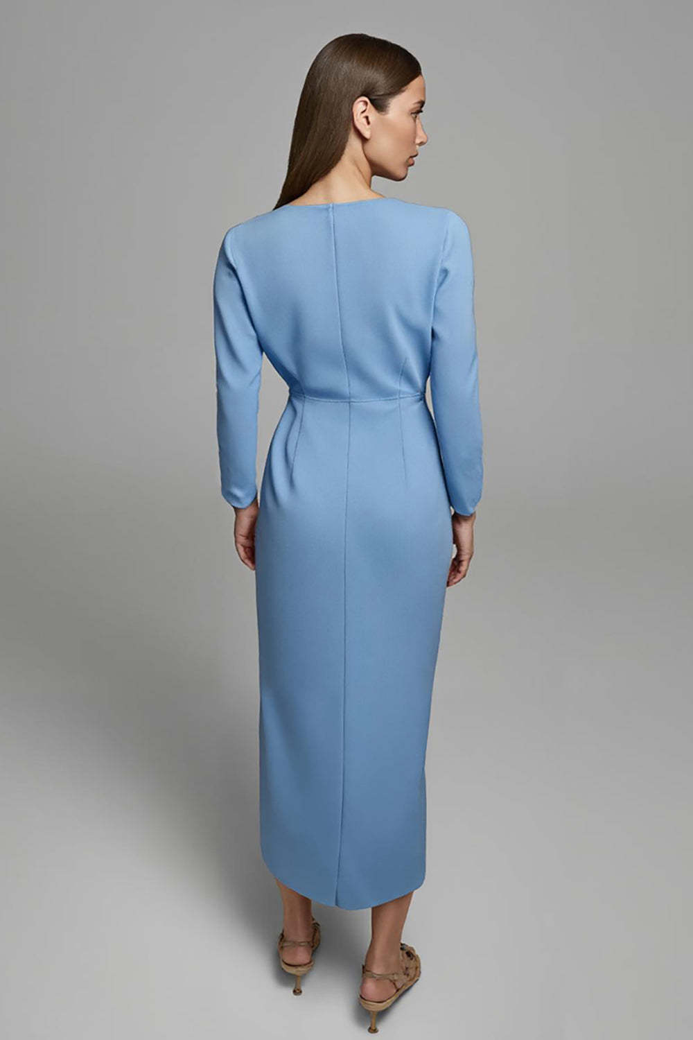 Blue Ruched Pencil V-Neck Long Work Dress with Sleeves