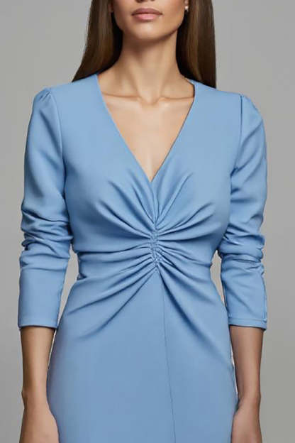 Blue Ruched Pencil V-Neck Long Work Dress with Sleeves