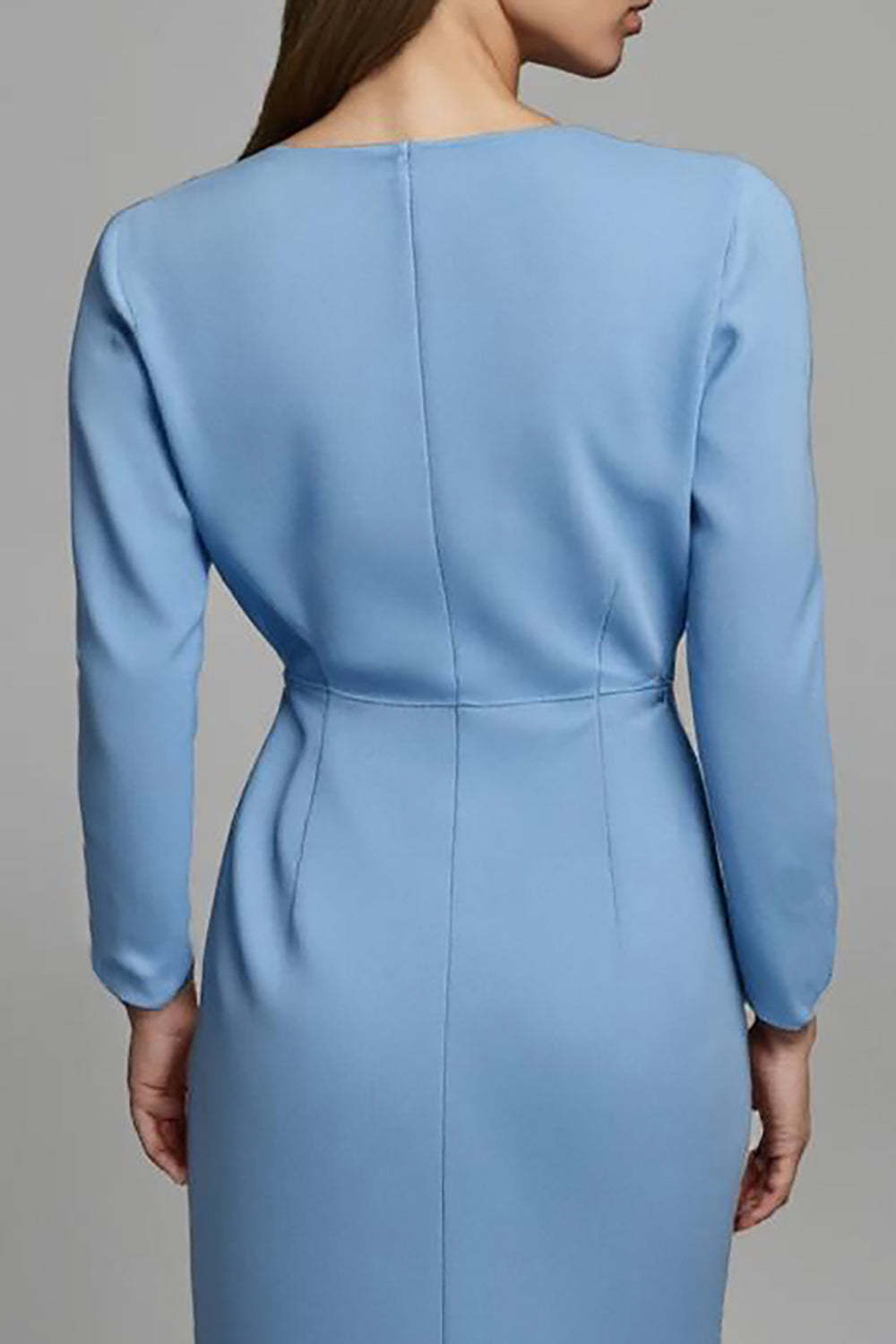 Blue Ruched Pencil V-Neck Long Work Dress with Sleeves