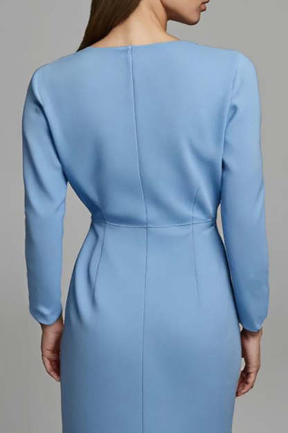 Blue Ruched Pencil V-Neck Long Work Dress with Sleeves