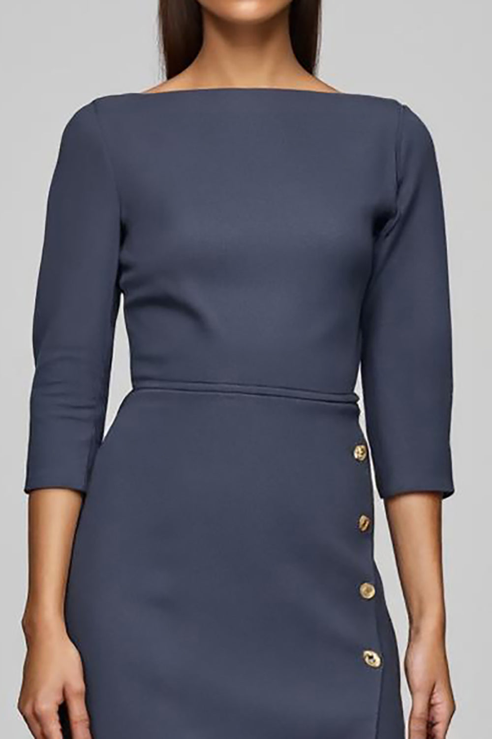 Twilight Pencil Midi Bateau Neck Button Work Dress with Slit