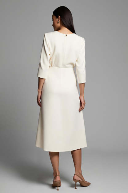 Pencil Boat Neck Midi Ivory Work Dress with Slit