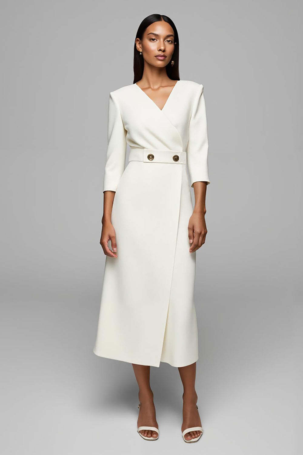 Leely Women Ivory Maxi Pencil Work Dress with Buttons V-Neck 3/4 Sleeves Business Dress