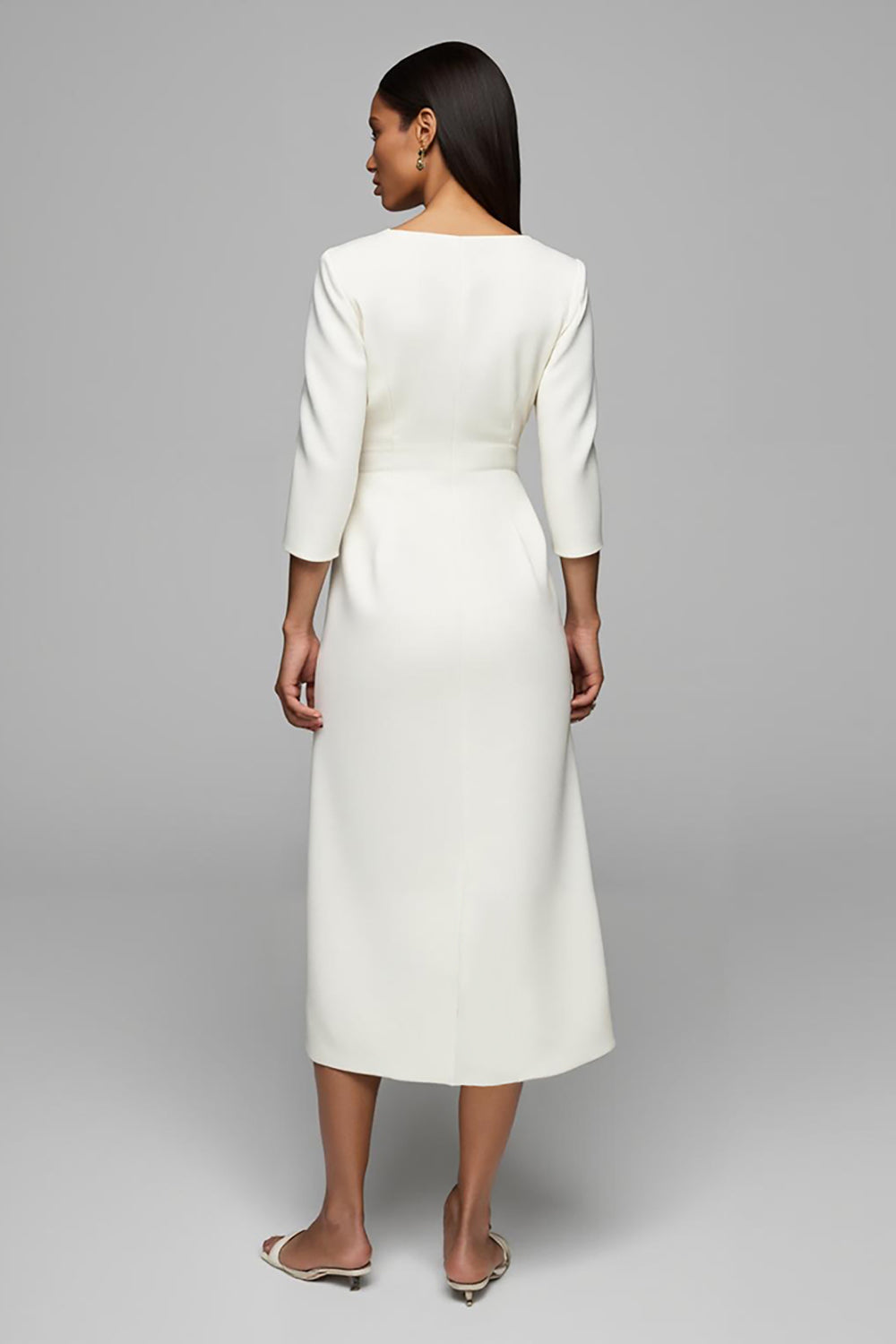 Ivory Pencil V-Neck 3/4 Sleeves Maxi Work Dress with Buttons