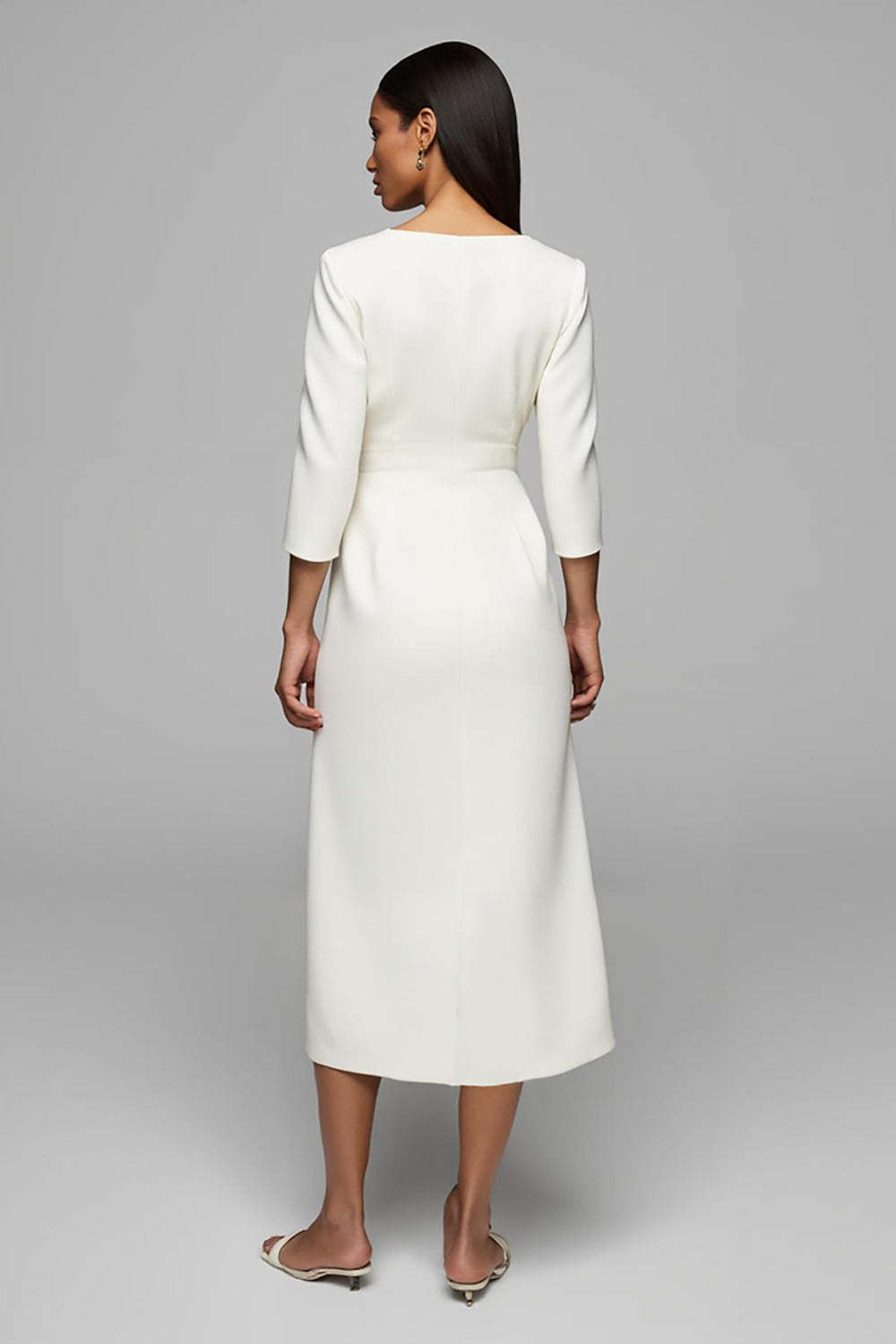 Ivory Pencil V-Neck 3/4 Sleeves Maxi Work Dress with Buttons