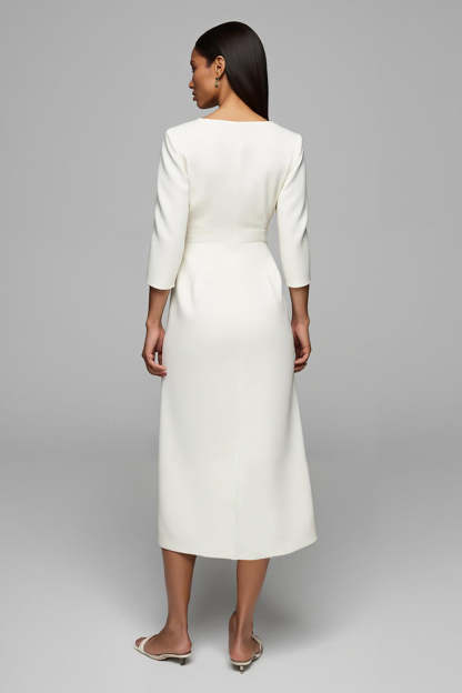Ivory Pencil V-Neck 3/4 Sleeves Maxi Work Dress with Buttons