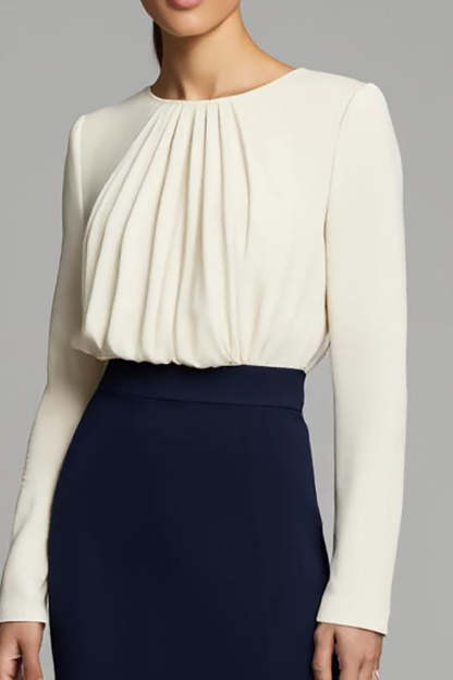 Navy and White Pencil Long Ruched Work Dress with Sleeves