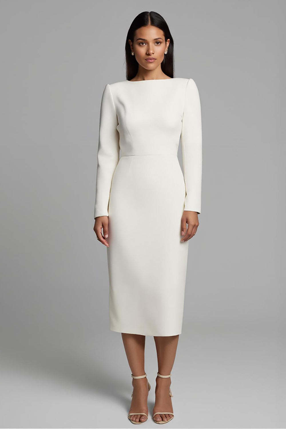 Simple Pencil Ivory Plus Size Bateau Neck Midi Work Dress with Slit