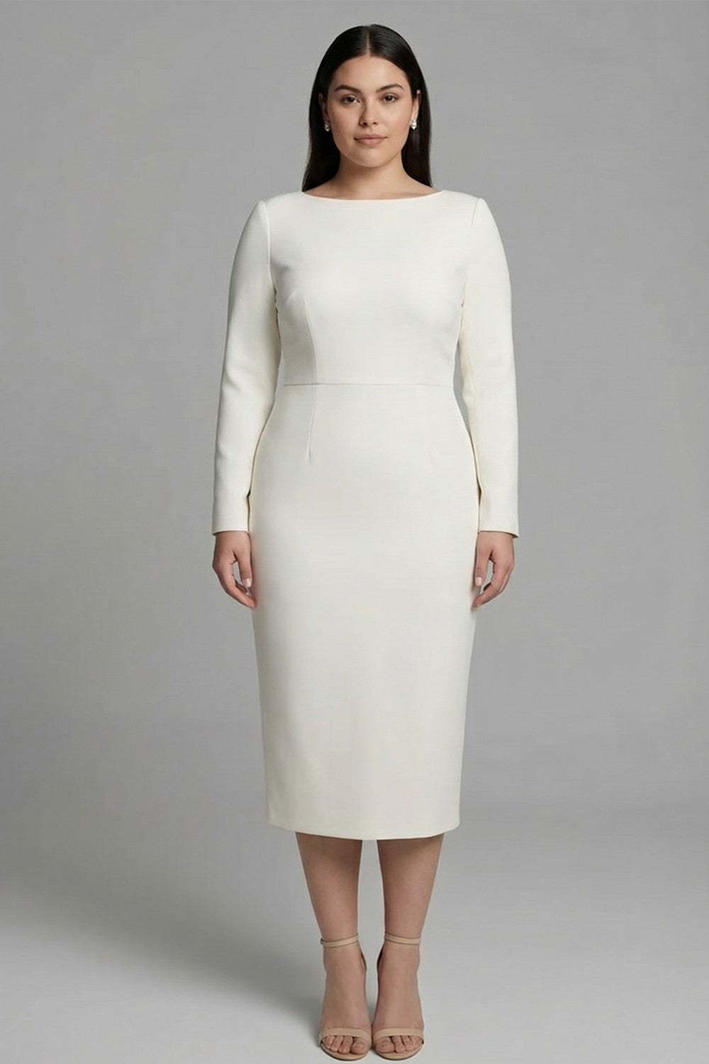 Simple Pencil Ivory Plus Size Bateau Neck Midi Work Dress with Slit