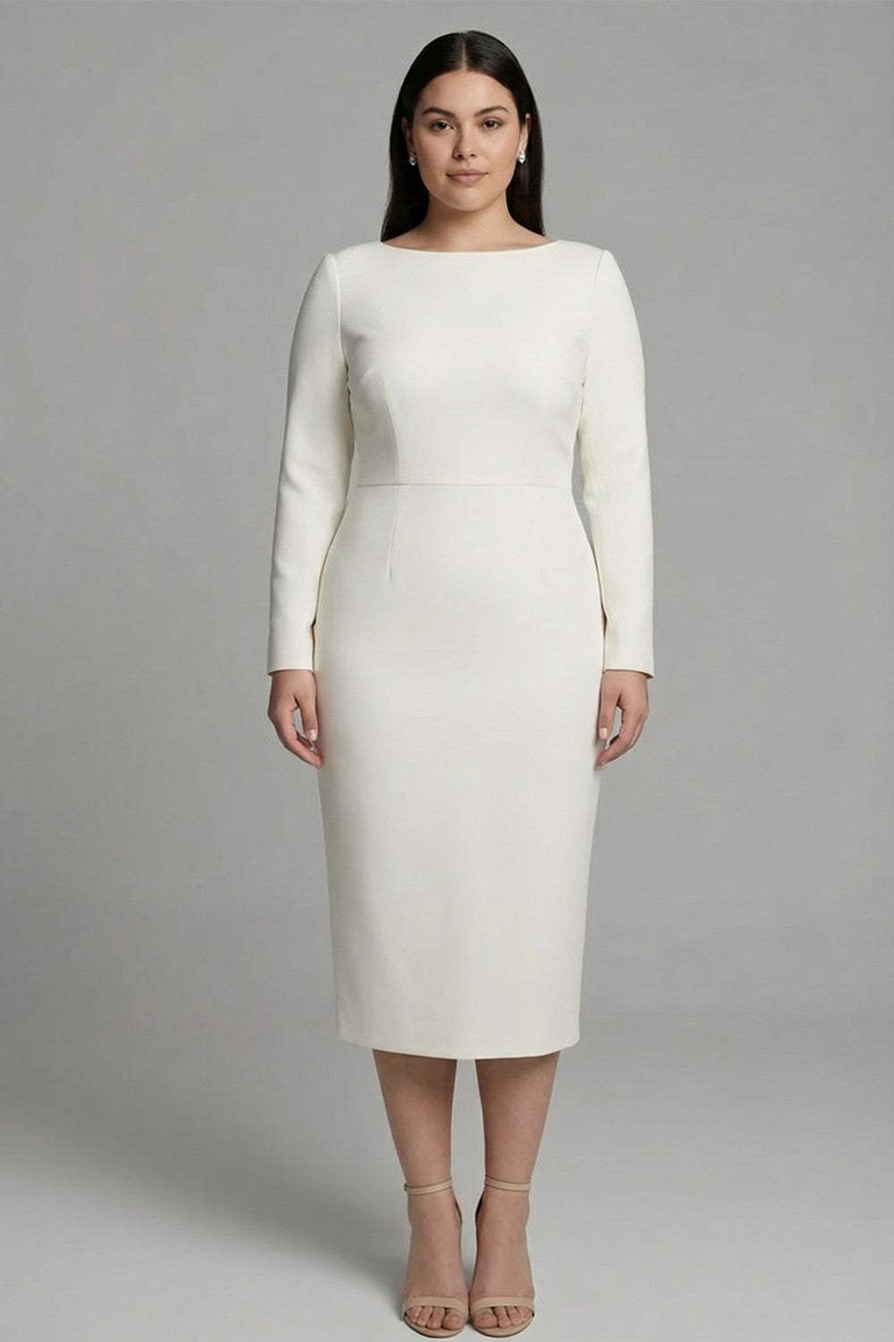 Leely Women Simple Ivory Pencil Plus Size Midi Work Dress with Slit Bateau Neck Long Sleeves Business Dress