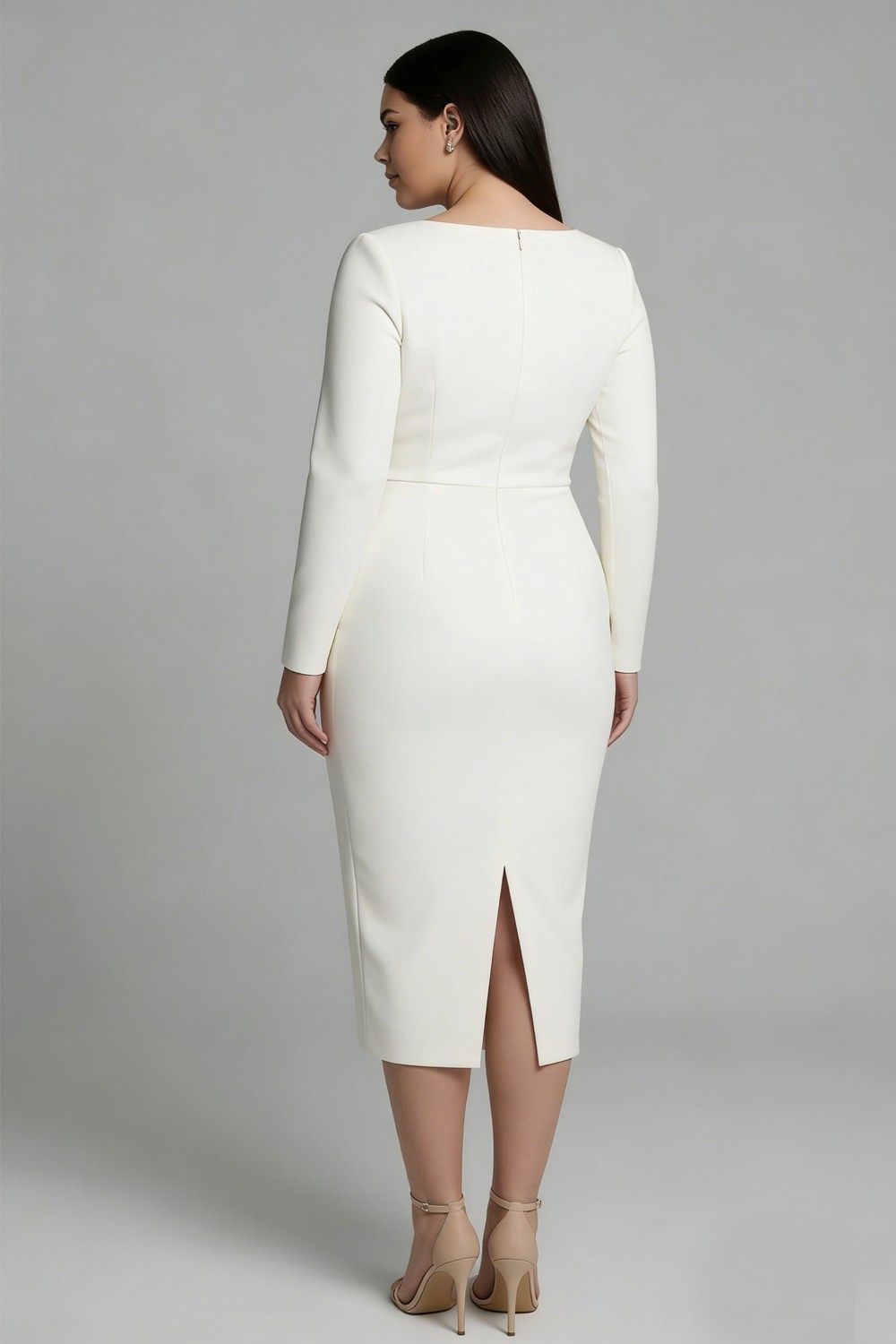Simple Pencil Ivory Bateau Neck Midi Work Dress with Slit