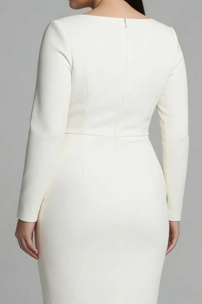 Simple Pencil Ivory Plus Size Bateau Neck Midi Work Dress with Slit