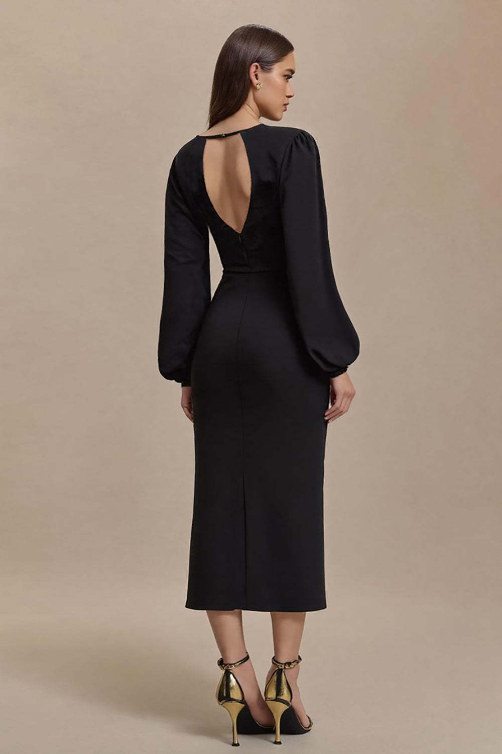 Black Maxi Pencil Long Sleeves Open Back Work Dress with Slit