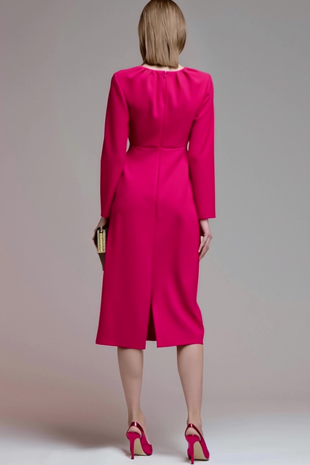 Fuchsia Midi Round Neck Ruched Pencil Work Dress with Sleeves