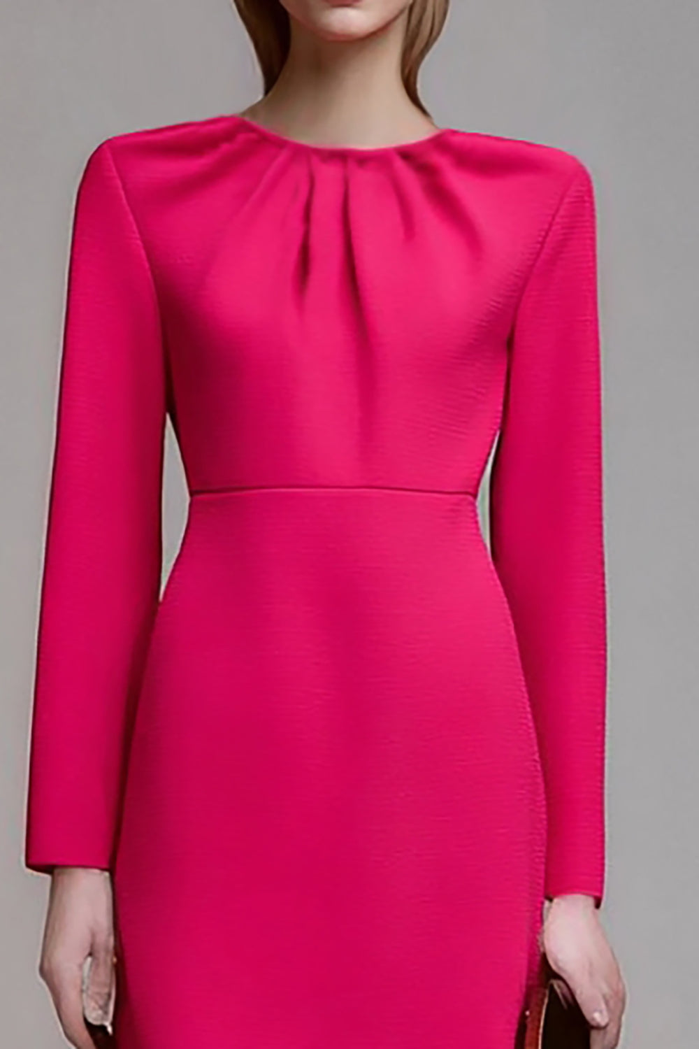 Fuchsia Midi Round Neck Ruched Pencil Work Dress with Sleeves