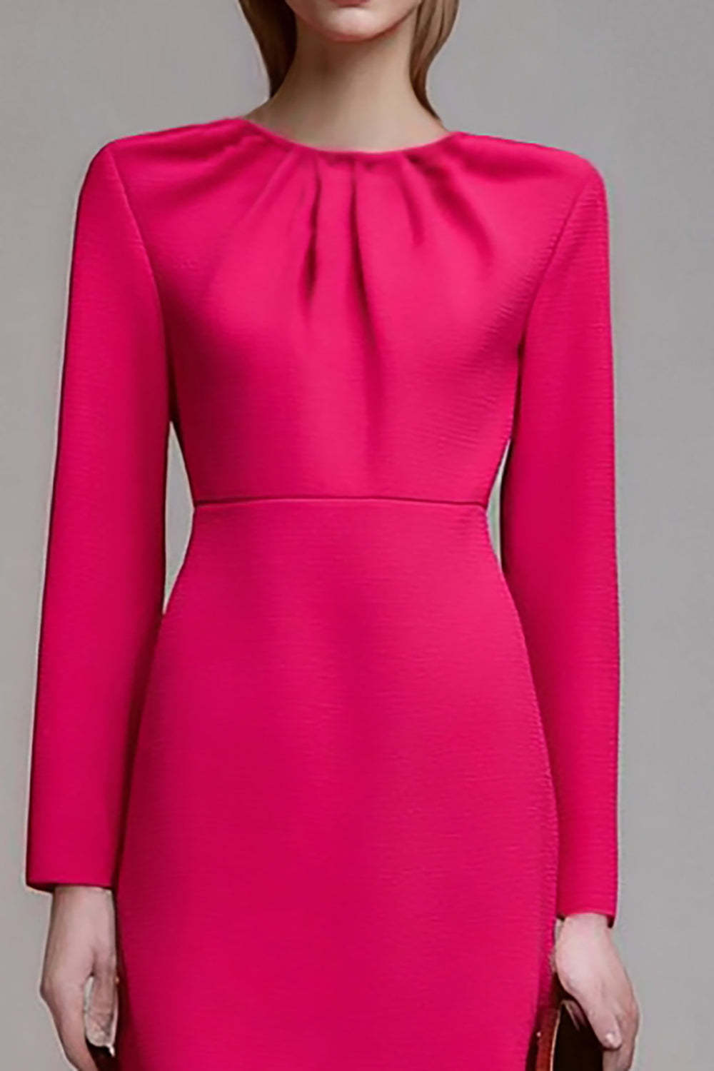 Fuchsia Midi Round Neck Ruched Pencil Work Dress with Sleeves