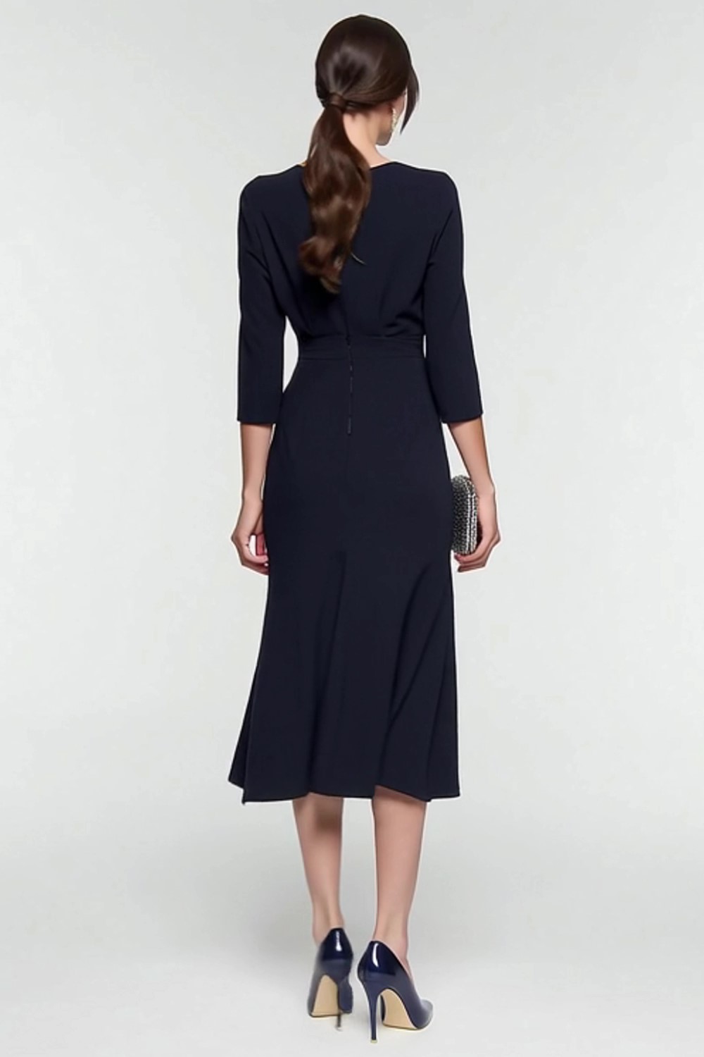 Midi Black and White Patchwork Lapel Neck 3/4 Sleeves Work Dress