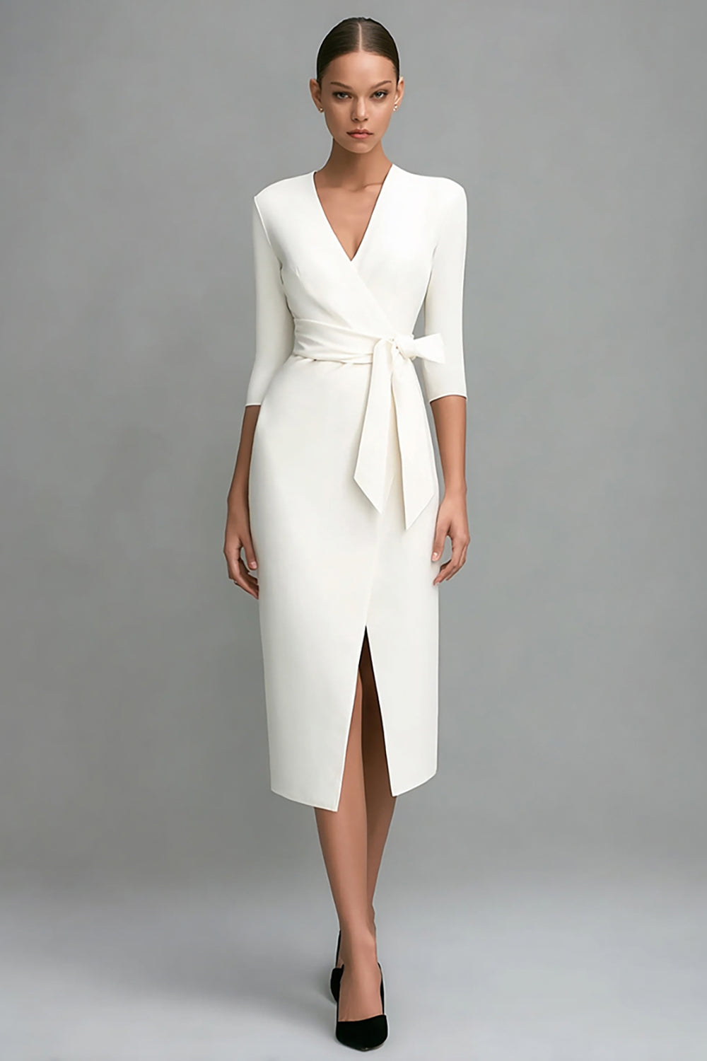 Leely Women Ivory Midi Work Dress with Sash 3/4 Sleeves Pencil V-Neck Business Dress with Slit