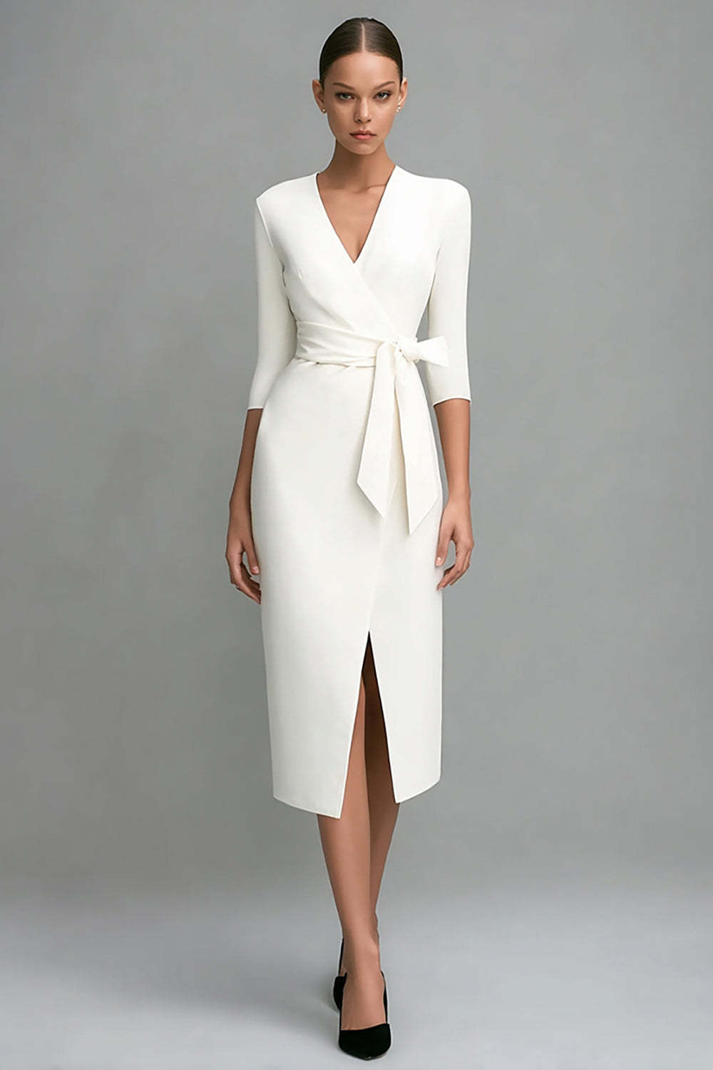 Leely Women Ivory Midi Work Dress with Sash 3/4 Sleeves Pencil V-Neck Business Dress with Slit