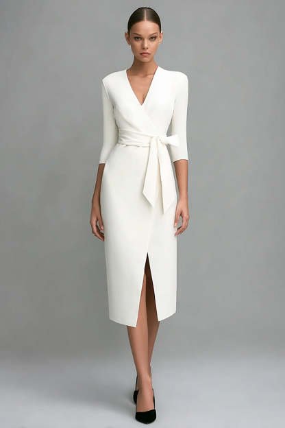 Leely Women Ivory Midi Work Dress with Sash 3/4 Sleeves Pencil V-Neck Business Dress with Slit