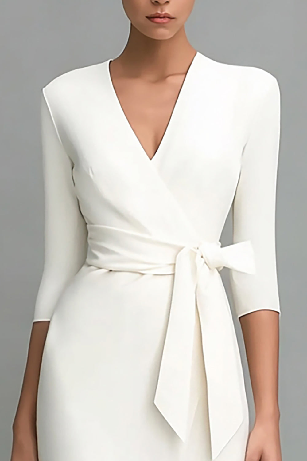 Ivory Midi 3/4 Sleeves Pencil V-Neck Work Dress with Sash