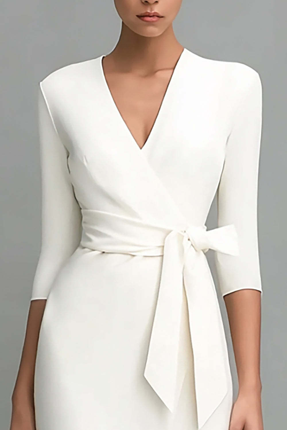 Ivory Midi 3/4 Sleeves Pencil V-Neck Work Dress with Sash