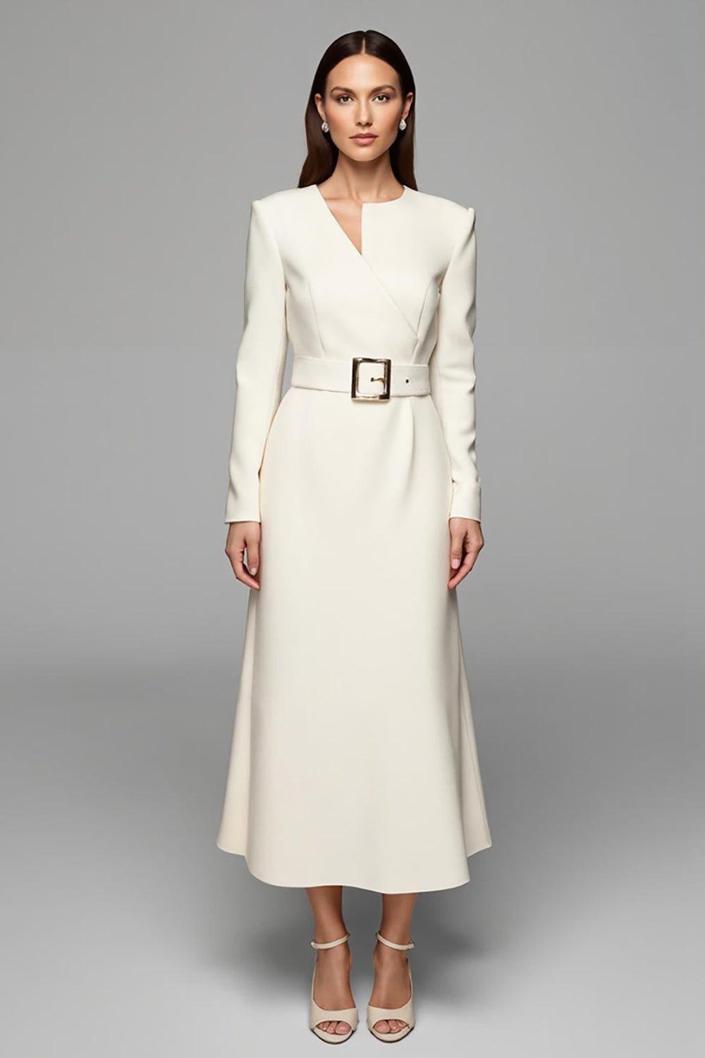 Leely Women Ivory Maxi Pencil Work Dress with Belt Asymmetrical Neck Long Sleeves Business Dress