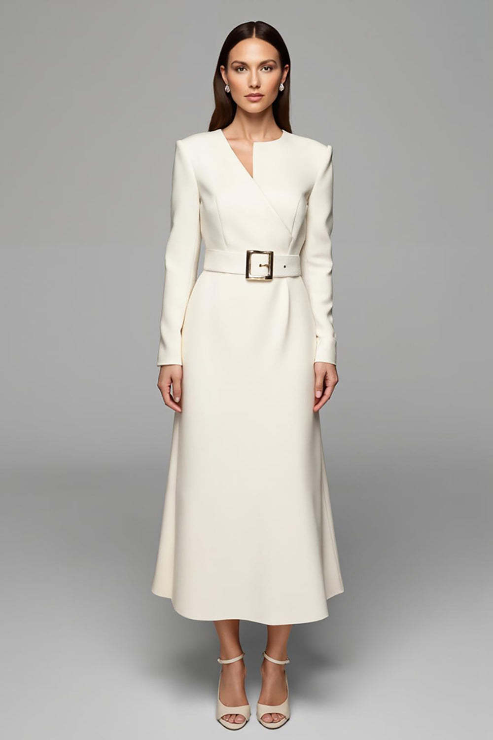 Leely Women Ivory Maxi Pencil Work Dress with Belt Asymmetrical Neck Long Sleeves Business Dress
