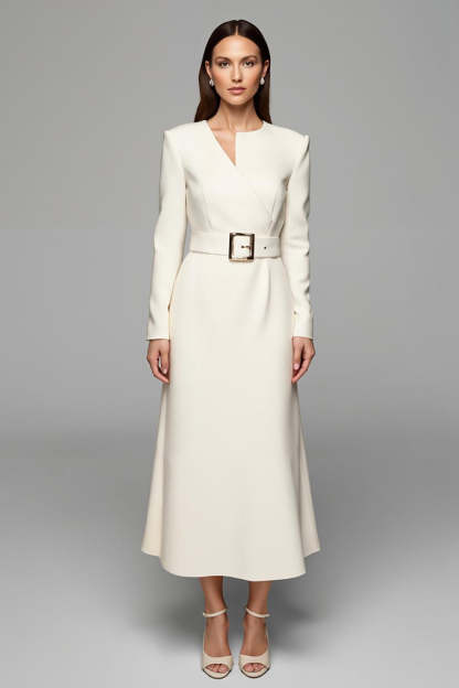 Leely Women Ivory Maxi Pencil Work Dress with Belt Asymmetrical Neck Long Sleeves Business Dress