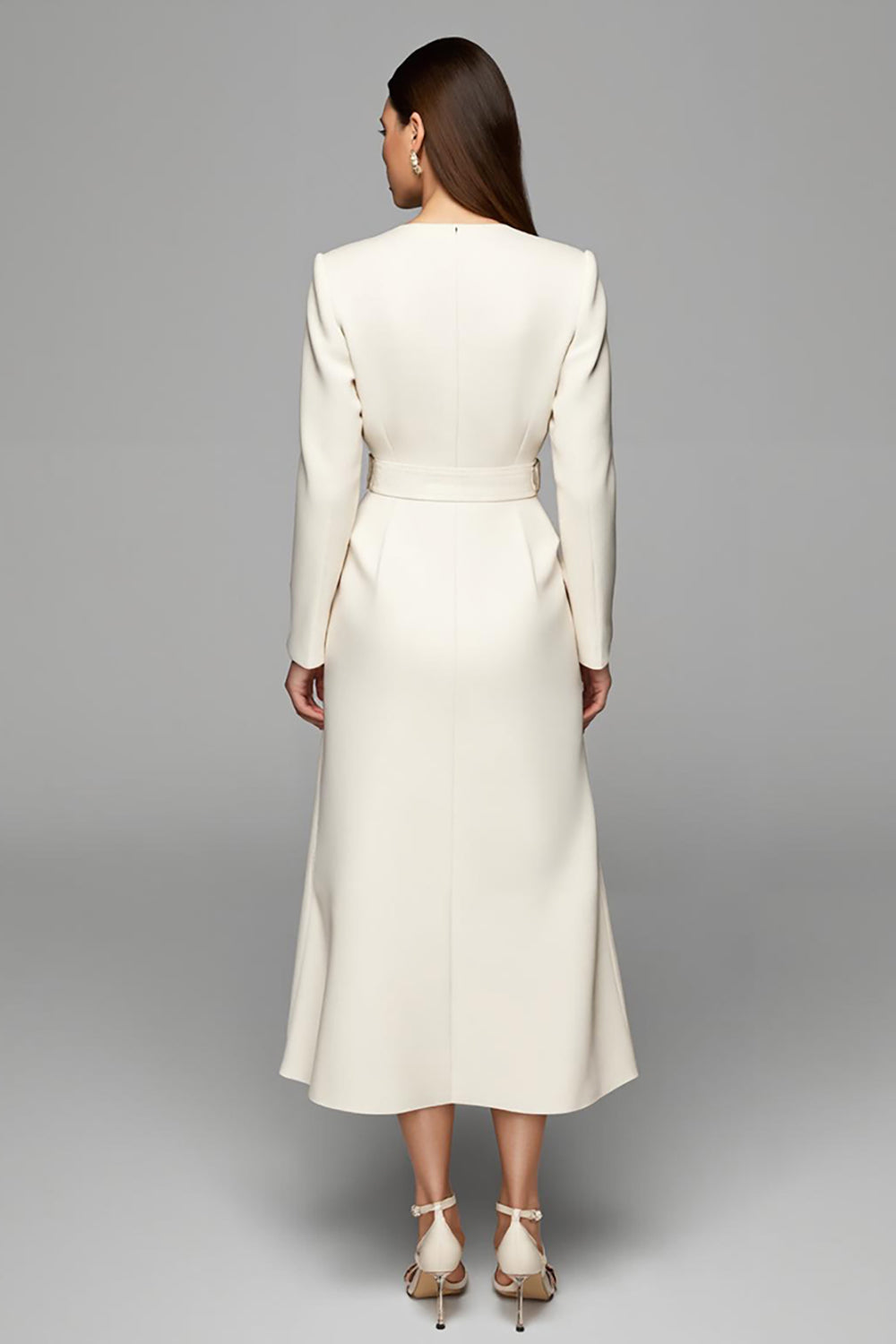 Ivory Asymmetrical Neck Long Sleeves Work Dress with Belt