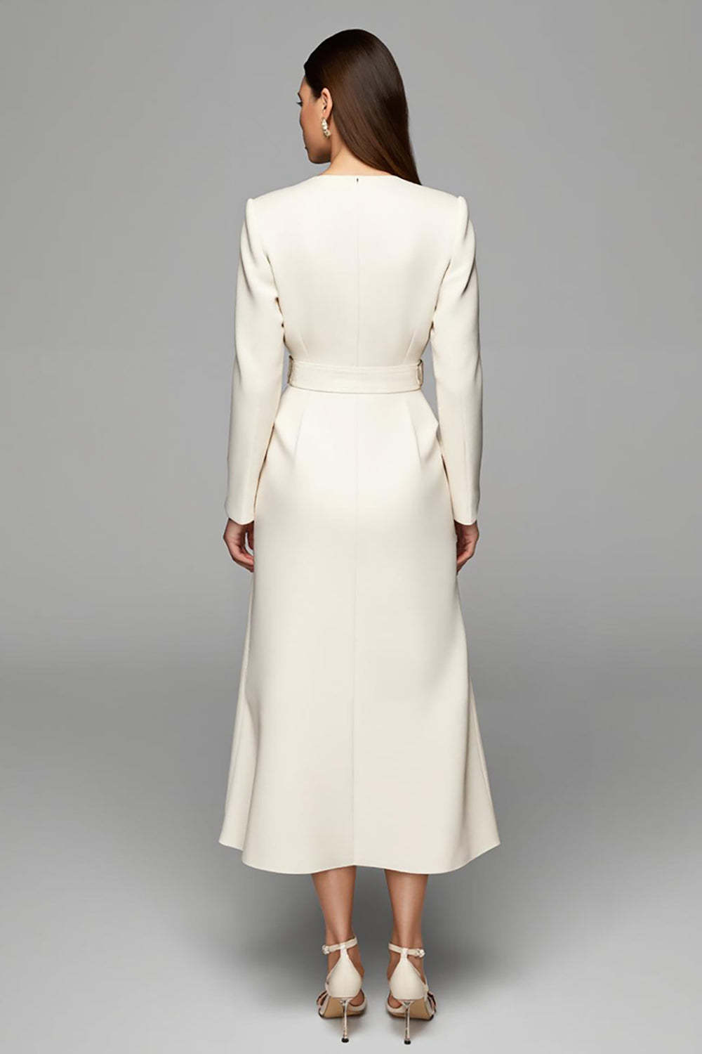 Ivory Asymmetrical Neck Long Sleeves Work Dress with Belt
