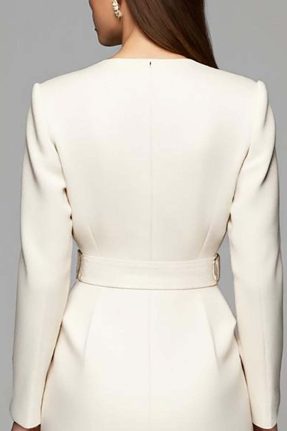 Ivory Asymmetrical Neck Long Sleeves Work Dress with Belt