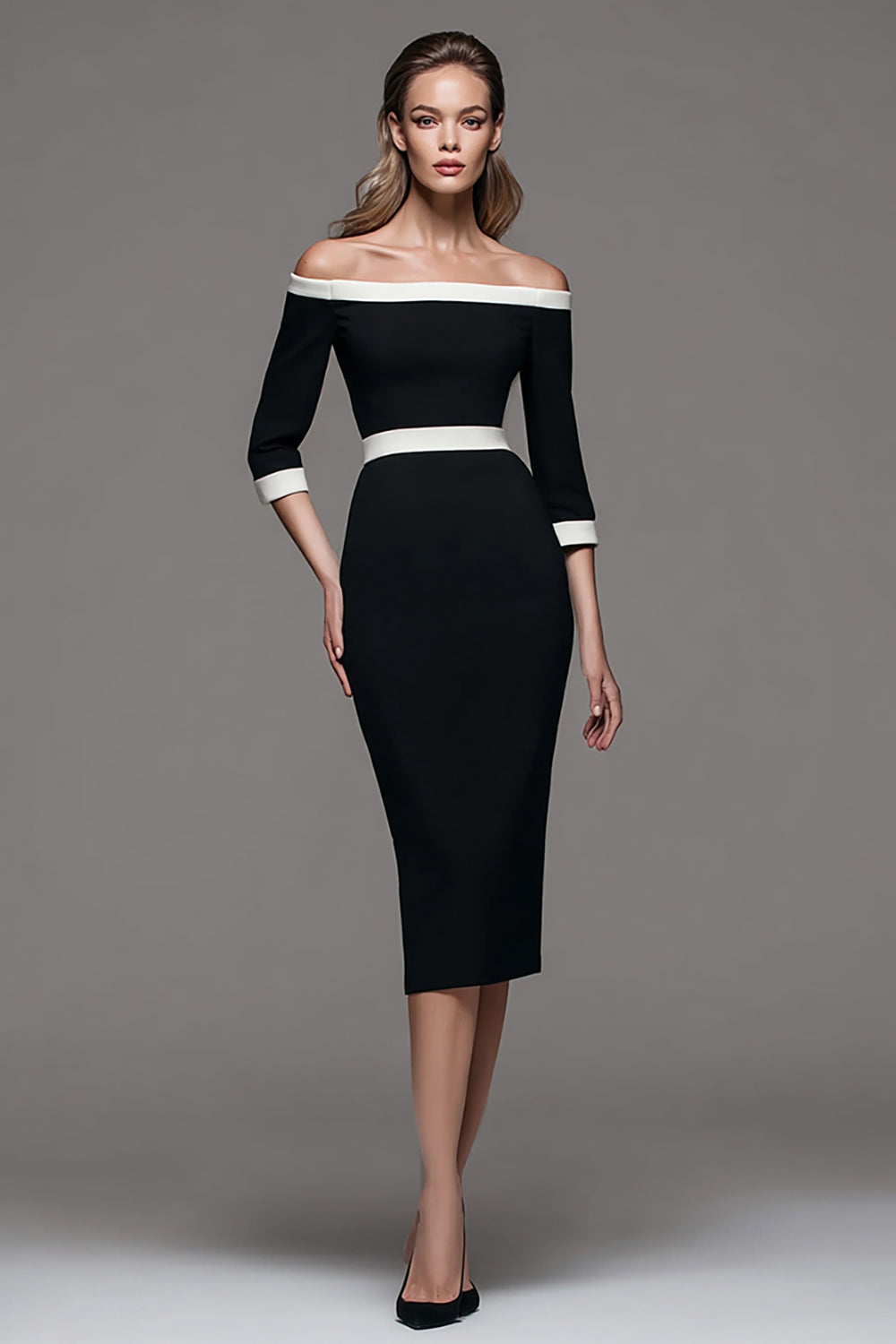 Black and White Patchwork Off the Shoulder Pencil Midi Work Dress with Sleeves