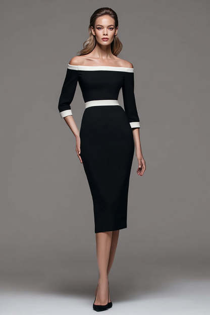 Leely Women Black and White Patchwork Midi Work Dress with Sleeves Off the Shoulder Pencil Business Dress