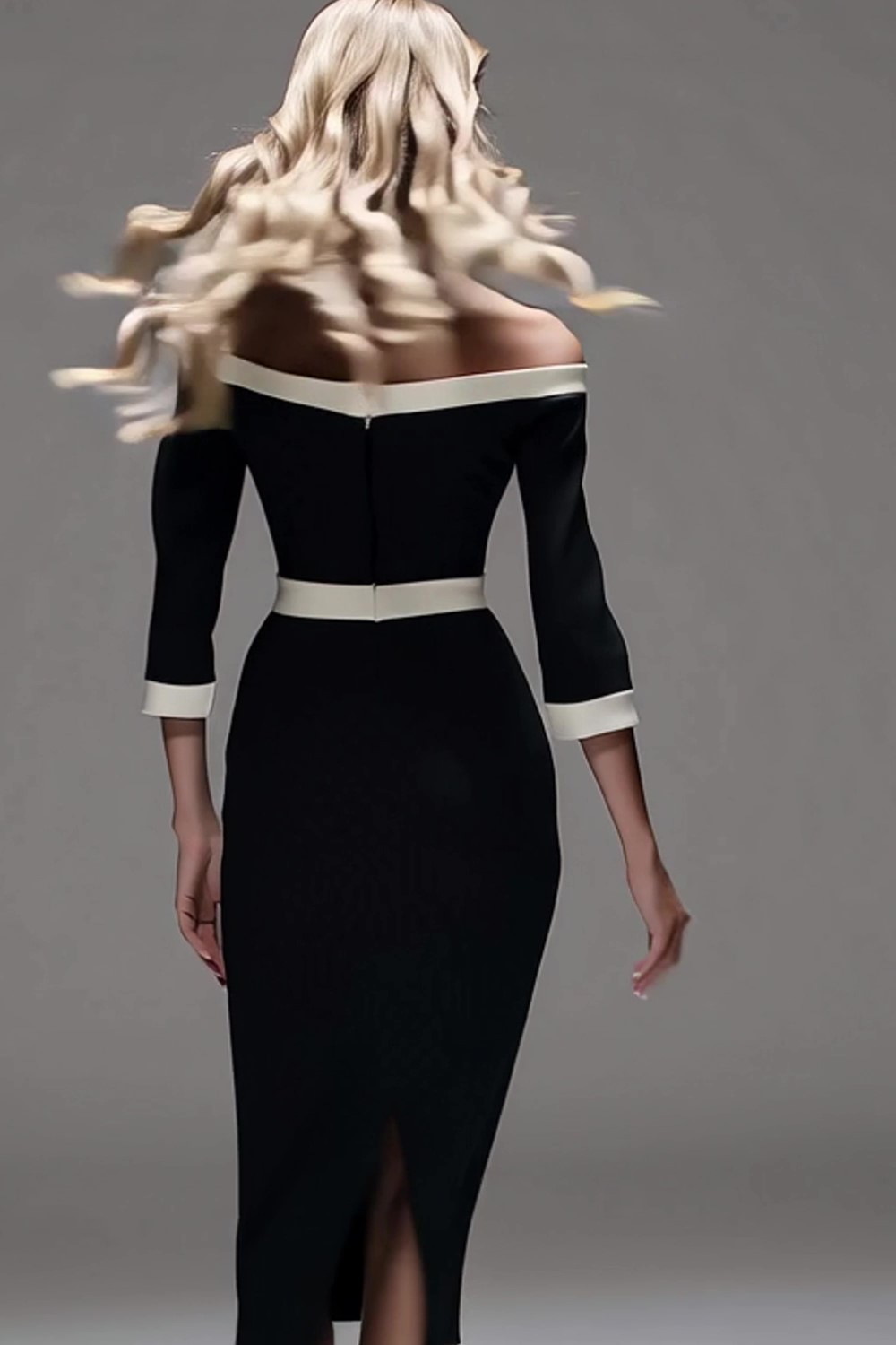 Black and White Patchwork Off the Shoulder Pencil Midi Work Dress with Sleeves