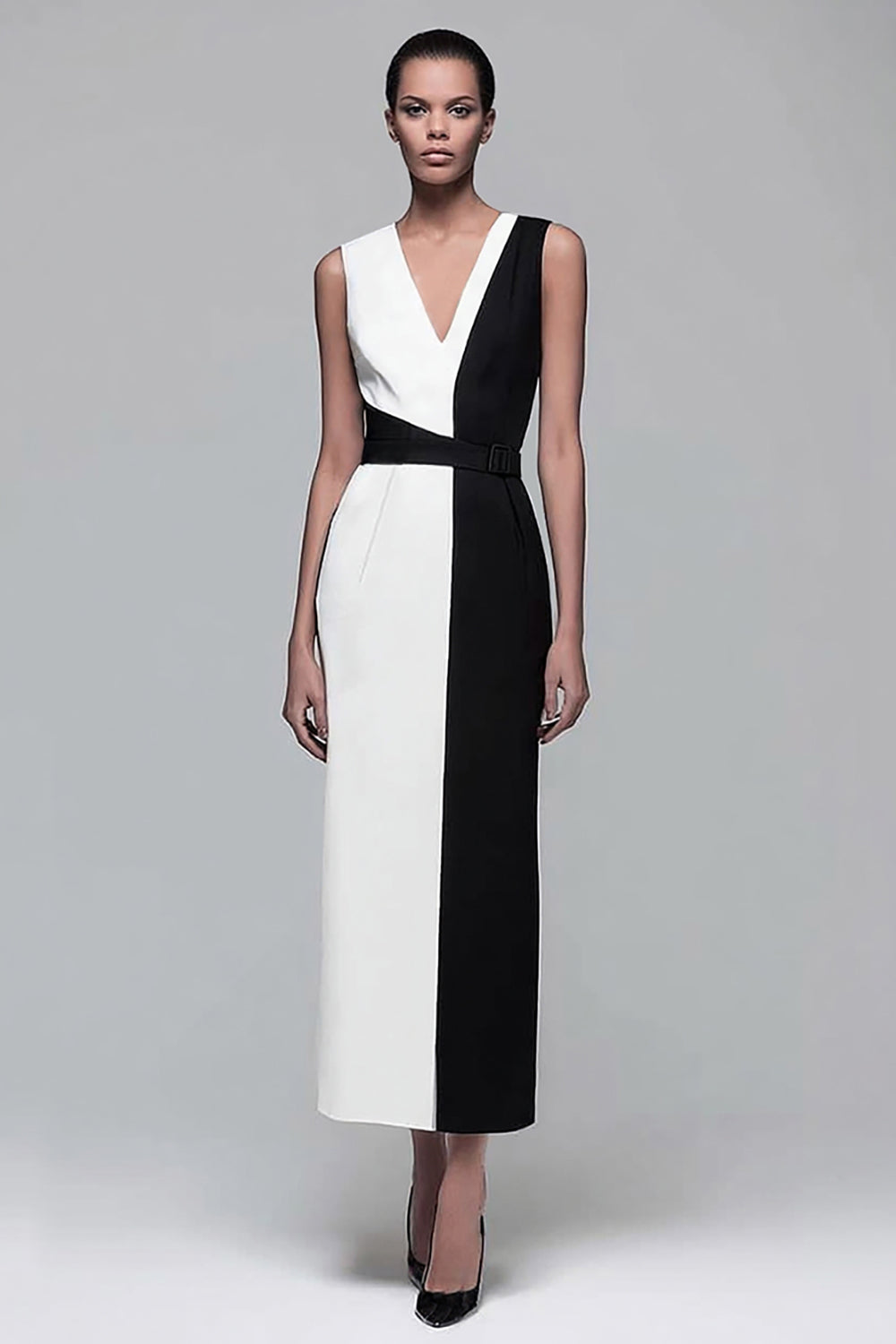 Maxi Black and White Patchwork Pencil V-Neck Sleeveless Work Dress