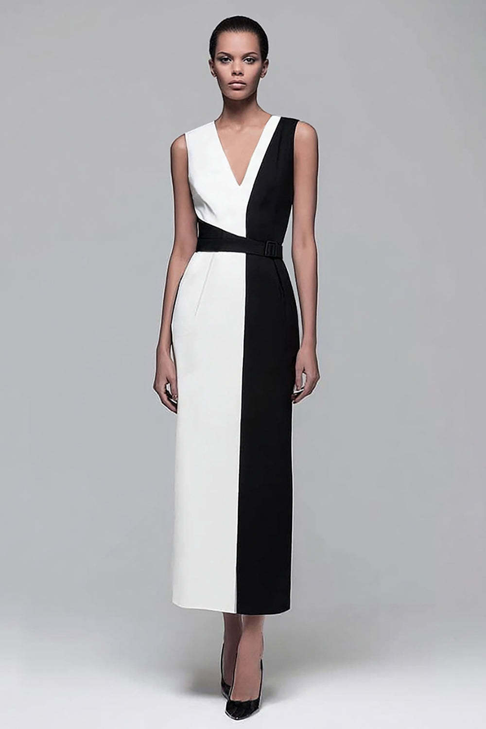 Leely Women Black and White Patchwork Maxi Work Dress V-Neck Pencil Sleeveless Business Dress